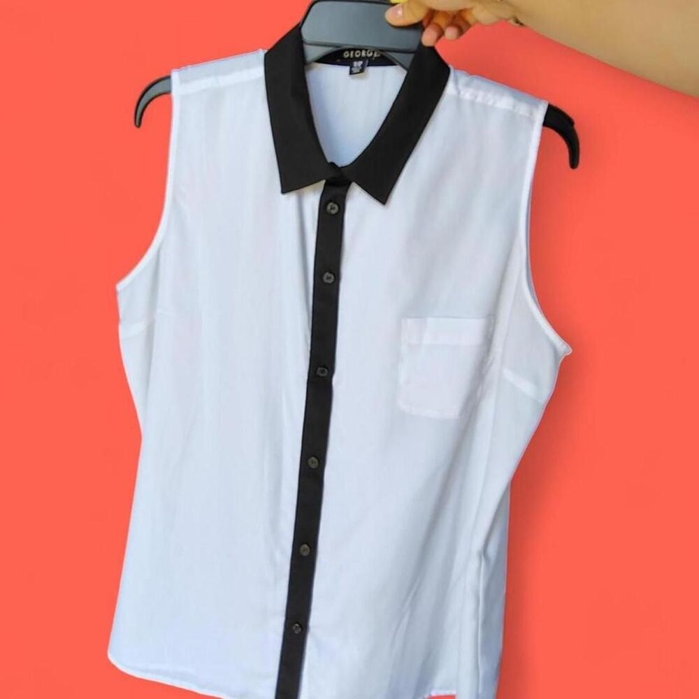 GEORGE XL (16-18) Black & white sleeveless button-down blouse shirt